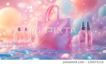 Pastel background 3D mockup of a tote bag laid flat in a surreal space with floating throw pillows and decorative vases Beauty-Inspired Fashion Prints Home Decor Meets Lifestyle Accessories	 126873218