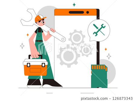 Mobile Repair Vector Illustration Featuring a Telephone or Smartphone Electronic Service with a Broken Screen and Device Malfunction in a Background Mobile Repair Vector Illustration Featuring a Telephone or Smartphone Electronic Service with a Broken Screen and Device Malfunction in a Background 126873343
