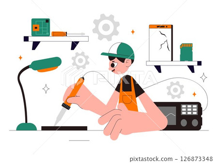 Mobile Repair Vector Illustration Featuring a Telephone or Smartphone Electronic Service with a Broken Screen and Device Malfunction in a Background 126873348