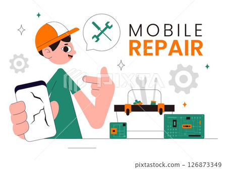 Mobile Repair Vector Illustration Featuring a Telephone or Smartphone Electronic Service with a Broken Screen and Device Malfunction in a Background Mobile Repair Vector Illustration Featuring a Telephone or Smartphone Electronic Service with a Broken Screen and Device Malfunction in a Background 126873349