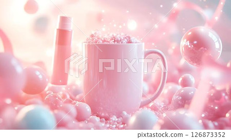 Pastel background 3D mockup of a whimsical mug on a pastel platform with floating diffuser steam, skincare tubes, and soft ambient sparkles Beauty and Wellness Themes Translated into Decor Whimsical	 126873352