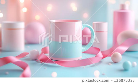 Pastel background 3D mockup of a whimsical mug on a pastel platform with floating diffuser steam, skincare tubes, and soft ambient sparkles Beauty and Wellness Themes Translated into Decor Whimsical	 126873353