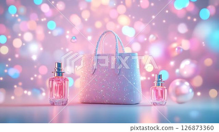 Pastel background 3D mockup of a dreamy tote bag surrounded by essential oil bottles and face rollers emitting whimsical light trails Beauty-Inspired Fashion Prints Home Decor Meets Lifestyle	 126873360