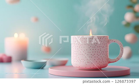 Pastel background 3D mockup of a whimsical mug on a pastel platform with floating diffuser steam, skincare tubes, and soft ambient sparkles Beauty and Wellness Themes Translated into Decor Whimsical	 Pastel background 3D mockup of a whimsical mug on a pastel platform with floating diffuser steam, skincare tubes, and soft ambient sparkles Beauty and Wellness Themes Translated into Decor Whimsical	 126873397
