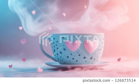 Pastel background 3D mockup of a whimsical mug on a pastel platform with floating diffuser steam, skincare tubes, and soft ambient sparkles Beauty and Wellness Themes Translated into Decor Whimsical	 126873514