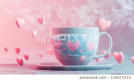 Pastel background 3D mockup of a whimsical mug on a pastel platform with floating diffuser steam, skincare tubes, and soft ambient sparkles Beauty and Wellness Themes Translated into Decor Whimsical	 126873515