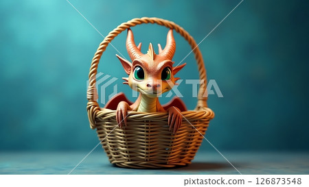 Majestic Baby Dragon Resting in Basket with Blue Background Majestic Baby Dragon Resting in Basket with Blue Background 126873548