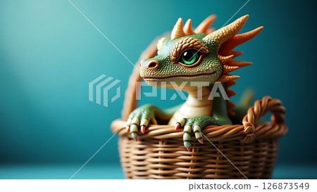Majestic Baby Dragon Resting in Basket with Blue Background Majestic Baby Dragon Resting in Basket with Blue Background 126873549