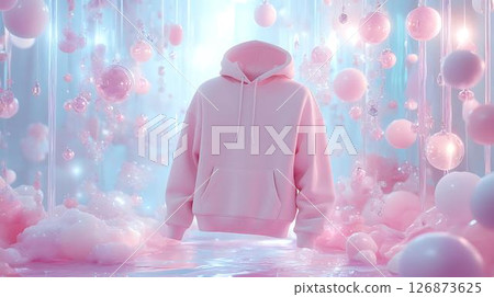 Pastel background 3D mockup of a hoodie featuring floating lip balm elements with dreamy highlights and soft magical particles Beauty-Inspired Fashion Concepts Home and Lifestyle Visual Aesthetics 126873625