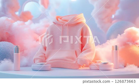Pastel background 3D mockup of a hoodie featuring floating lip balm elements with dreamy highlights and soft magical particles Beauty-Inspired Fashion Concepts Home and Lifestyle Visual Aesthetics Pastel background 3D mockup of a hoodie featuring floating lip balm elements with dreamy highlights and soft magical particles Beauty-Inspired Fashion Concepts Home and Lifestyle Visual Aesthetics 126873663