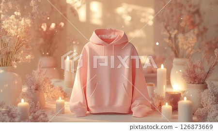 Pastel background 3D mockup of a hoodie featuring floating lip balm elements with dreamy highlights and soft magical particles Beauty-Inspired Fashion Concepts Home and Lifestyle Visual Aesthetics 126873669