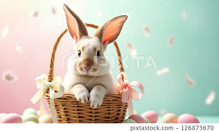 Cute Bunny in a Wicker Basket with Easter Eggs with Pastel Background 126873670