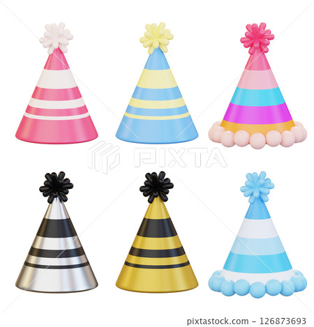 Party cone hats in various colors 3D graphic 126873693