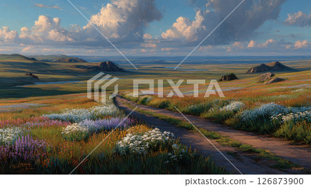 Serene landscape with winding path through vibrant meadow of wildflowers under vast sky 126873900