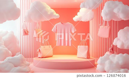 Pastel background 3D mockup of a T-shirt styled with a necklace and pendant motif, surrounded by surreal sparkles and abstract floating lights Beauty and Wellness Themes on Apparel Home-Inspired	 126874016