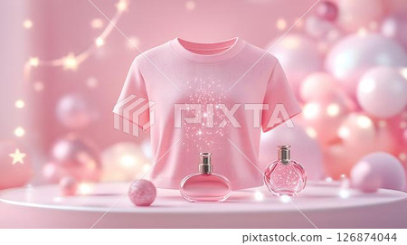 Pastel background 3D mockup of a T-shirt styled with a necklace and pendant motif, surrounded by surreal sparkles and abstract floating lights Beauty and Wellness Themes on Apparel Home-Inspired	 126874044