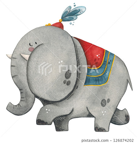 Elephant, gray in a circus cap and cape, watercolor illustration 126874202