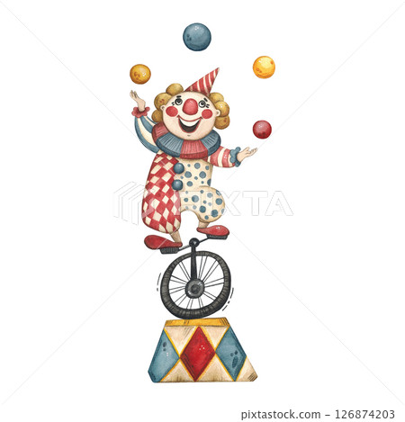 A clown on a unicycle juggles balls on a stand 126874203