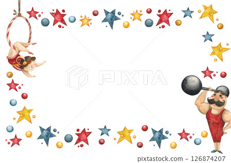 Rectangular frame with a circus gymnast and strongman surrounded by stars and balls Rectangular frame with a circus gymnast and strongman surrounded by stars and balls 126874207