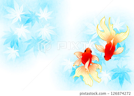Summer greeting postcard, autumn leaves and Ryukin, cute, illustration, horizontal Summer greeting postcard, autumn leaves and Ryukin, cute, illustration, horizontal 126874272