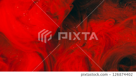 Mist wave. Fog ink swirl. Red paint blending in art defocused fluid. Sparkling particles stream color curl abstract black background. 126874402