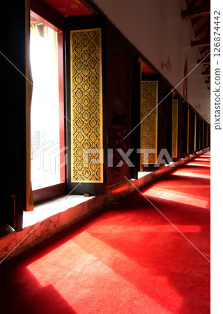 Sunshine pass through the big windows inside of buddhist hall at Wat Chana Songkhram, temple at Bangkok, Bangkok Thailand. 126874442