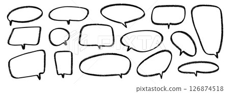Hand drawn speech bubbles collection. Doodled marker dialog box set. Sketched textured comic talk frames. Round, square or rectangle balloon text box bundle. Vector felt tip pen chat box pack 126874518
