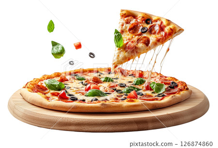 Flying wooden board with pizza isolated on white background png transparent clipart. 126874860