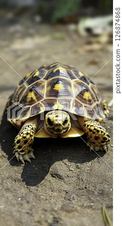 Close-Up View of a Colorful Indian Star Tortoise on a Natural Ground Surface Close-Up View of a Colorful Indian Star Tortoise on a Natural Ground Surface 126874868