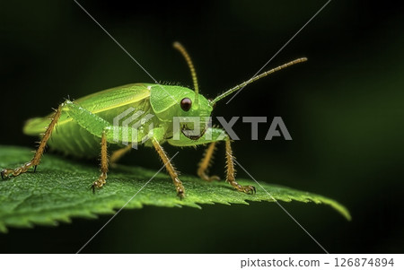Close-Up View of a Vibrant Green Grasshopper Resting on a Leaf in Nature 126874894