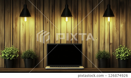 Modern Workspace with Laptop and Potted Plants Against Wooden Wall and Warm Lights 126874926