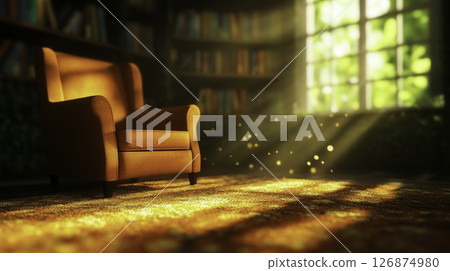 Cozy Reading Chair in Sunlit Room Surrounded by Books and Warm Light Beams Cozy Reading Chair in Sunlit Room Surrounded by Books and Warm Light Beams 126874980