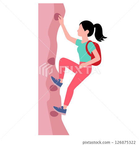 Women climber characters enjoying healthy physical activity climbing rock wall. Climbing Wall. Women climbing mountain wall sign. Extreme sport symbol. Women climber characters enjoying healthy physical activity climbing rock wall. Climbing Wall. Women climbing mountain wall sign. Extreme sport symbol. 126875322
