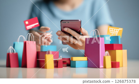 Illustration of a woman and shopping bags enjoying online shopping on a smartphone 126875378