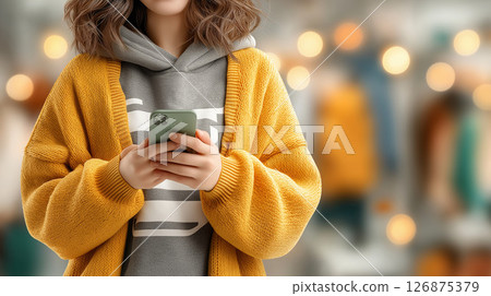 Illustration of a woman and shopping bags enjoying online shopping on a smartphone 126875379