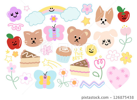 Cute vector illustration of teddy bear, cat, rainbow, puppy, cat, butterfly, flower, cupcake, cake for animals, cartoon character, cute patches, kid doll, plush toy, sweet dessert, comic, brooch, pet Cute vector illustration of teddy bear, cat, rainbow, puppy, cat, butterfly, flower, cupcake, cake for animals, cartoon character, cute patches, kid doll, plush toy, sweet dessert, comic, brooch, pet 126875438
