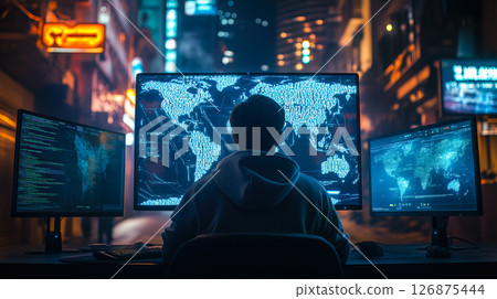 A kid boy learns online using futuristic technology. The concept of the integration of advanced digital tools in education, and learning experiences for the future generation. Generative AI. 126875444