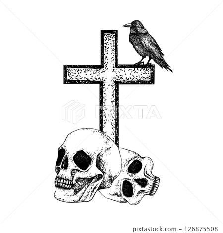 Skulls, cross, crow. Black white graphic illustration with raven, vector gothic composition for Halloween, Day of the Dead, esoteric concept. Line art for postcard, posters, logo, textile, stationery Skulls, cross, crow. Black white graphic illustration with raven, vector gothic composition for Halloween, Day of the Dead, esoteric concept. Line art for postcard, posters, logo, textile, stationery 126875508
