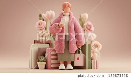 女人、智慧型手機、網路購物、無現金、信用卡、購物袋...... 女人、智慧型手機、網路購物、無現金、信用卡、購物袋...... 126875528