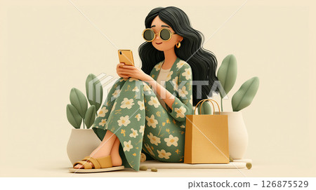 女人、智慧型手機、網路購物、無現金、信用卡、購物袋...... 126875529