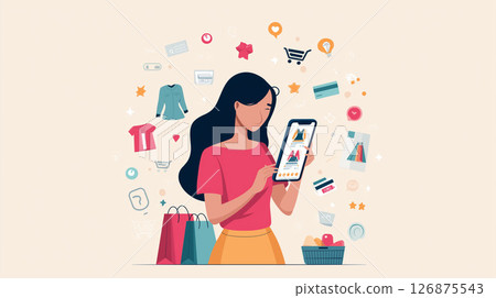 Woman, Smartphone, Online Shopping, Cashless, Credit Card, Shopping Bag ... 126875543