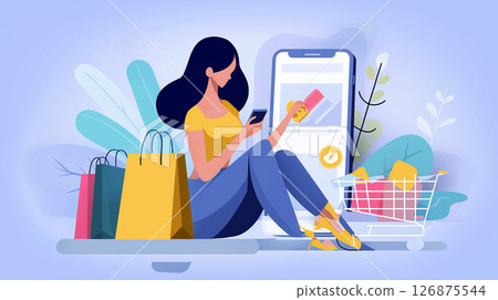 Woman, Smartphone, Online Shopping, Cashless, Credit Card, Shopping Bag ... 126875544