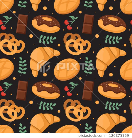 Seamless Pattern of Chocolate Desserts with Cakes and Melted Sweets in Flat Cartoon Style Illustration Seamless Pattern of Chocolate Desserts with Cakes and Melted Sweets in Flat Cartoon Style Illustration 126875569