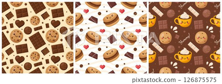 Seamless Pattern of Chocolate Desserts with Cakes and Melted Sweets in Flat Cartoon Style Illustration Seamless Pattern of Chocolate Desserts with Cakes and Melted Sweets in Flat Cartoon Style Illustration 126875575