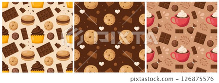 Seamless Pattern of Chocolate Desserts with Cakes and Melted Sweets in Flat Cartoon Style Illustration 126875576