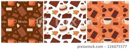 Seamless Pattern of Chocolate Desserts with Cakes and Melted Sweets in Flat Cartoon Style Illustration Seamless Pattern of Chocolate Desserts with Cakes and Melted Sweets in Flat Cartoon Style Illustration 126875577