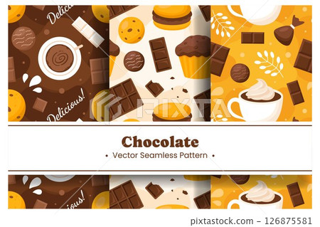 Seamless Pattern of Chocolate Desserts with Cakes and Melted Sweets in Flat Cartoon Style Illustration Seamless Pattern of Chocolate Desserts with Cakes and Melted Sweets in Flat Cartoon Style Illustration 126875581
