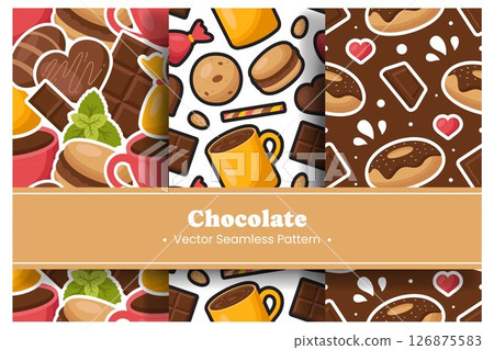 Seamless Pattern of Chocolate Desserts with Cakes and Melted Sweets in Flat Cartoon Style Illustration 126875583