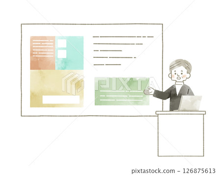 A man with a troubled expression explaining something using a screen or whiteboard - watercolor 126875613