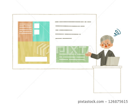 A man with a troubled expression explaining something using a screen or whiteboard - Gash 126875615